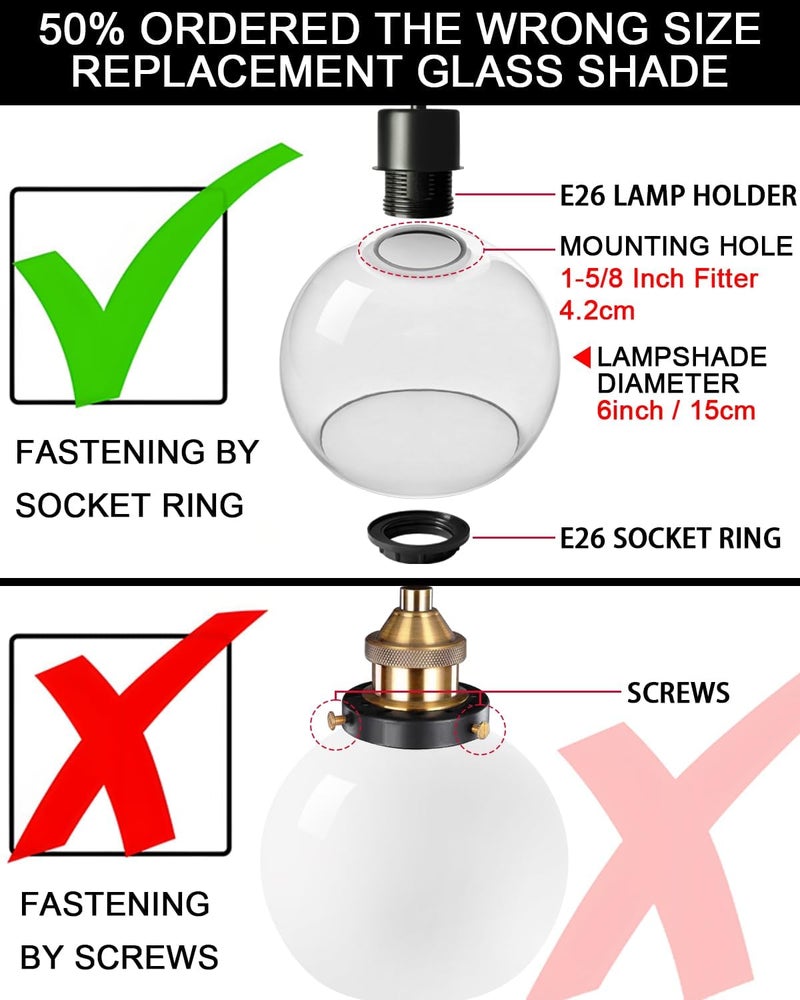 BinoBro 3 Pack Fixture Replacement Globe Shade, 6 Inch Diameter, E26 Base 1-5/8 Inch Fitter, Glass Globe Lampshade Cover for Pendant Wall Sconce Chandelier Vanity Light (3 Pack 6 Inch White Frosted Glass) - Image 4